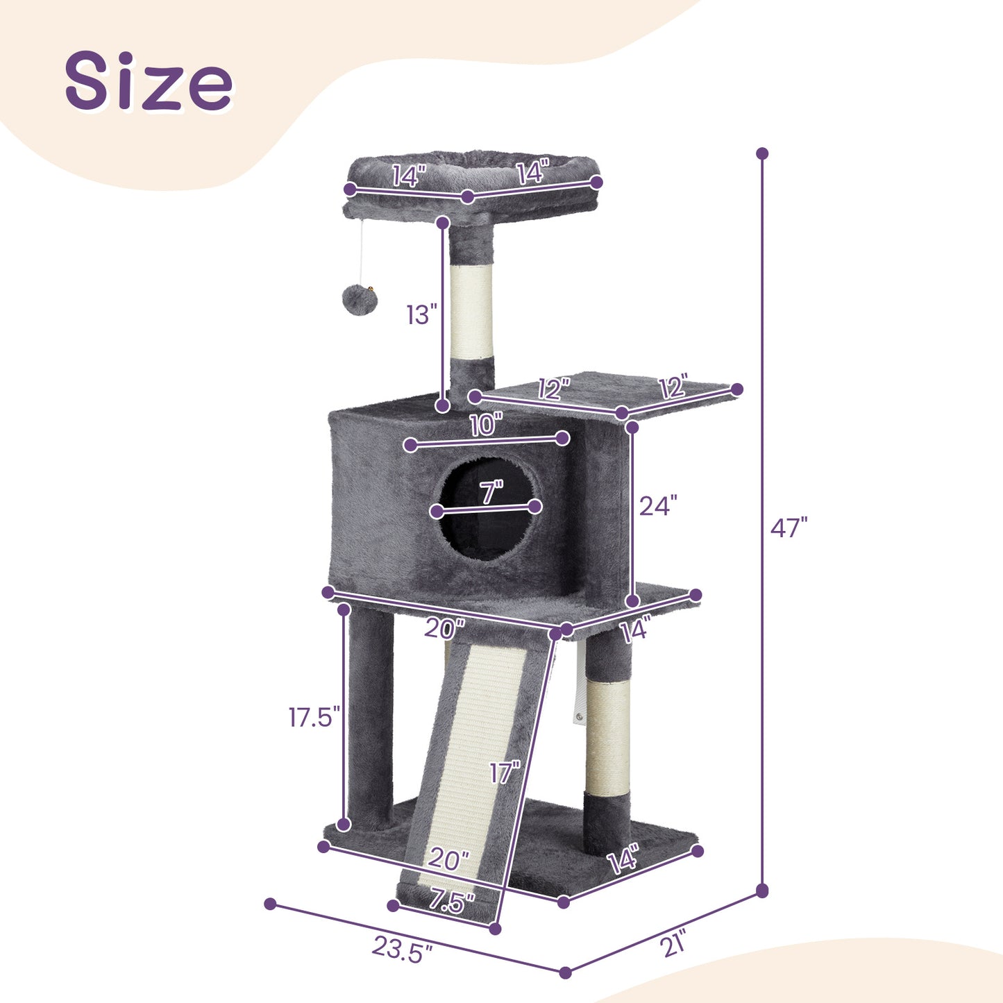 47inch, Dark Grey, Cat Scratcher, Trapezoidal Cat Condo