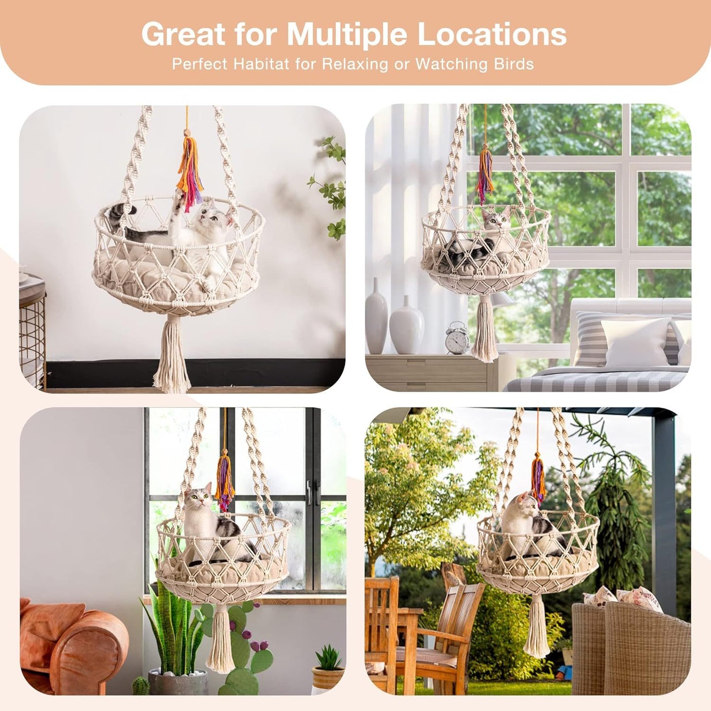 Boho Macrame' Handwoven Hanging Cat Bed and Swing By Mewoofun