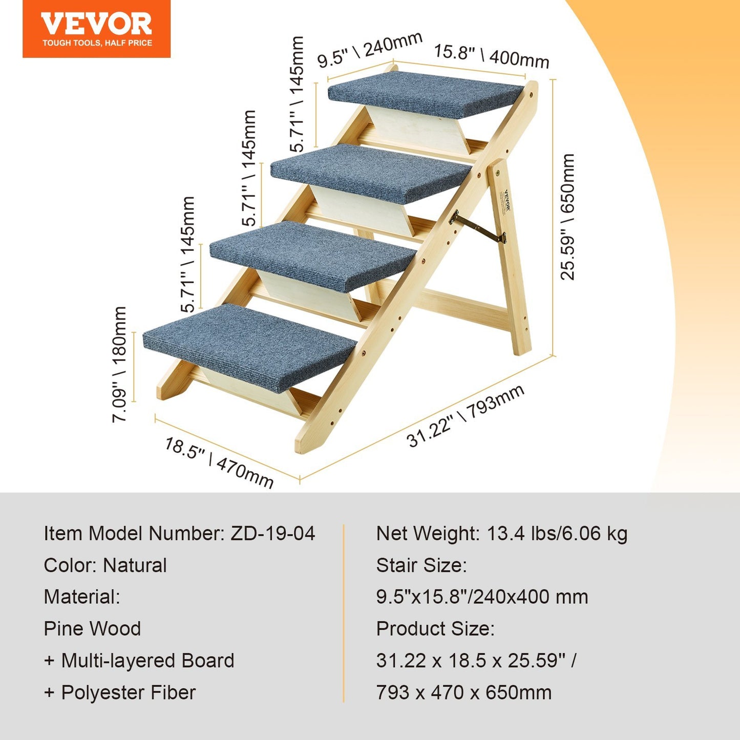2-in-1 Foldable, 4-Step Wooden Dog Stair-Ramp For Beds, Sofa And Cars - Up To 150 Lbs