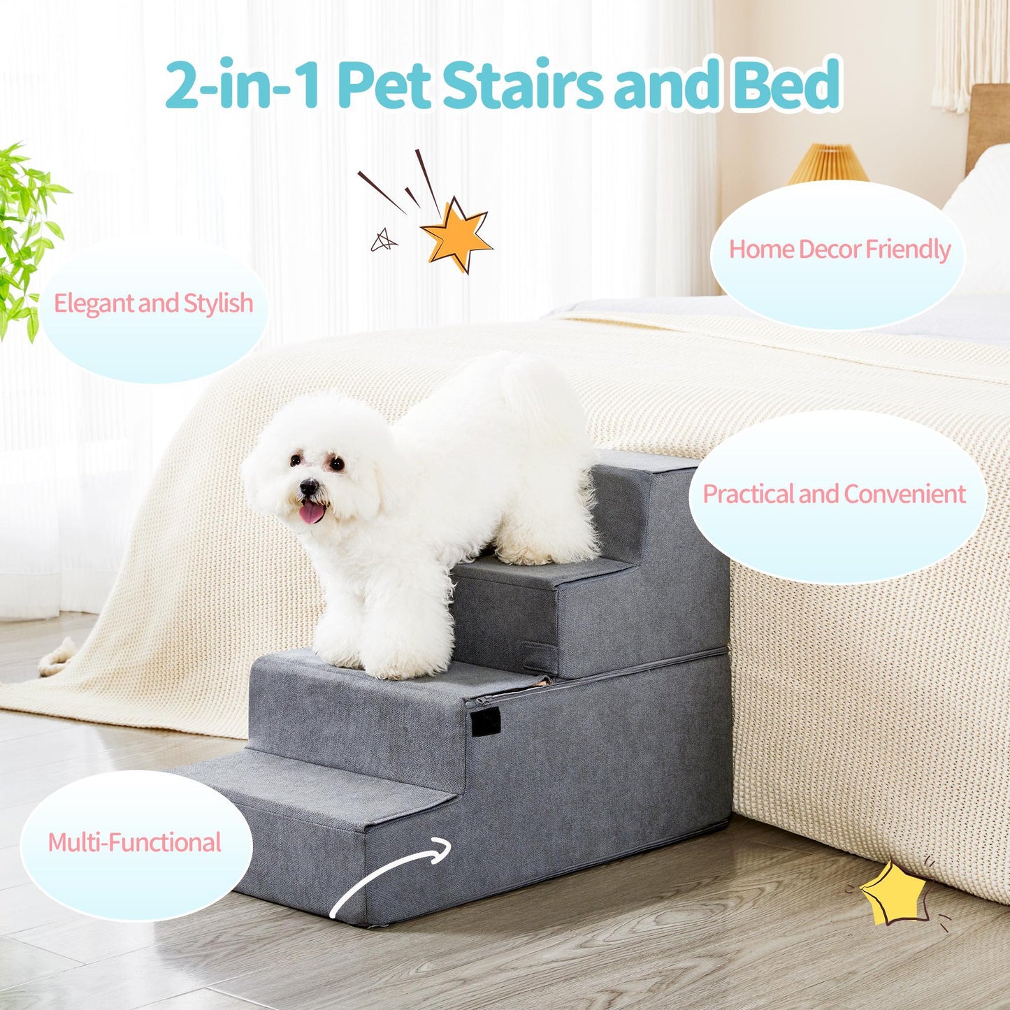 Pet Stairs  - Four Step  -  Soft Gray