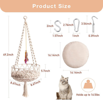 Boho Macrame' Handwoven Hanging Cat Bed and Swing By Mewoofun