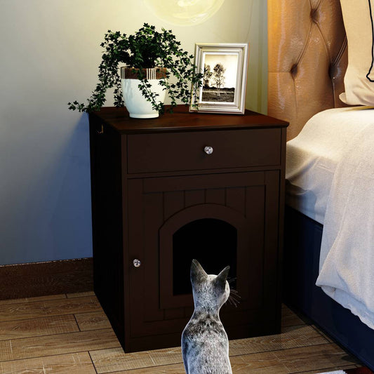 Wooden Cat Litter Box Enclosure With Drawer, Side Table Indoor Pet Crate