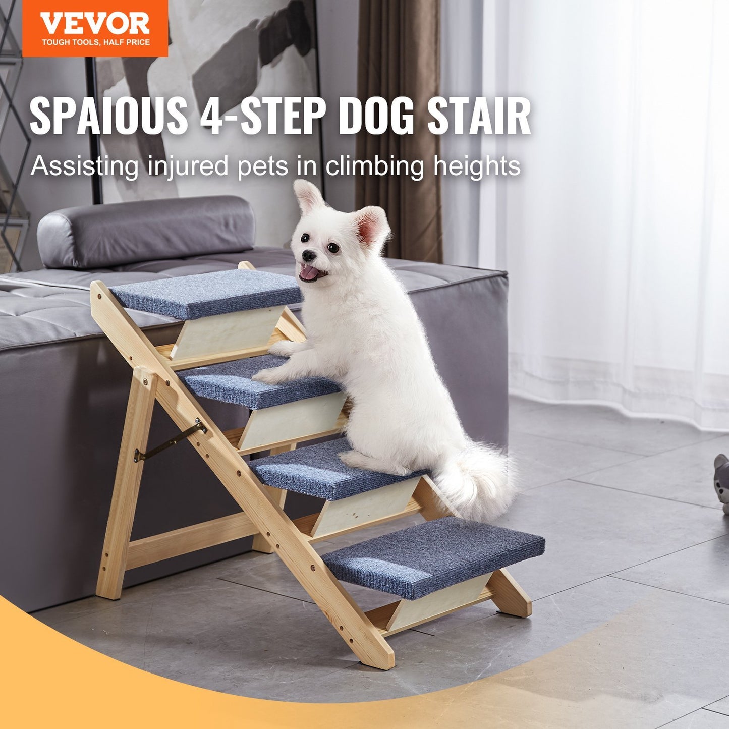 2-in-1 Foldable, 4-Step Wooden Dog Stair-Ramp For Beds, Sofa And Cars - Up To 150 Lbs